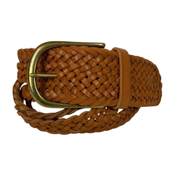 Linea Pelle Vintage Braided Genuine Leather Belt With Brass Buckle Tan Sz Large - Picture 1 of 4